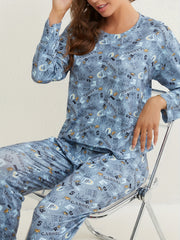 Crown Print Pajamas Set Long Sleeve Top & Pants Sleepwear Women