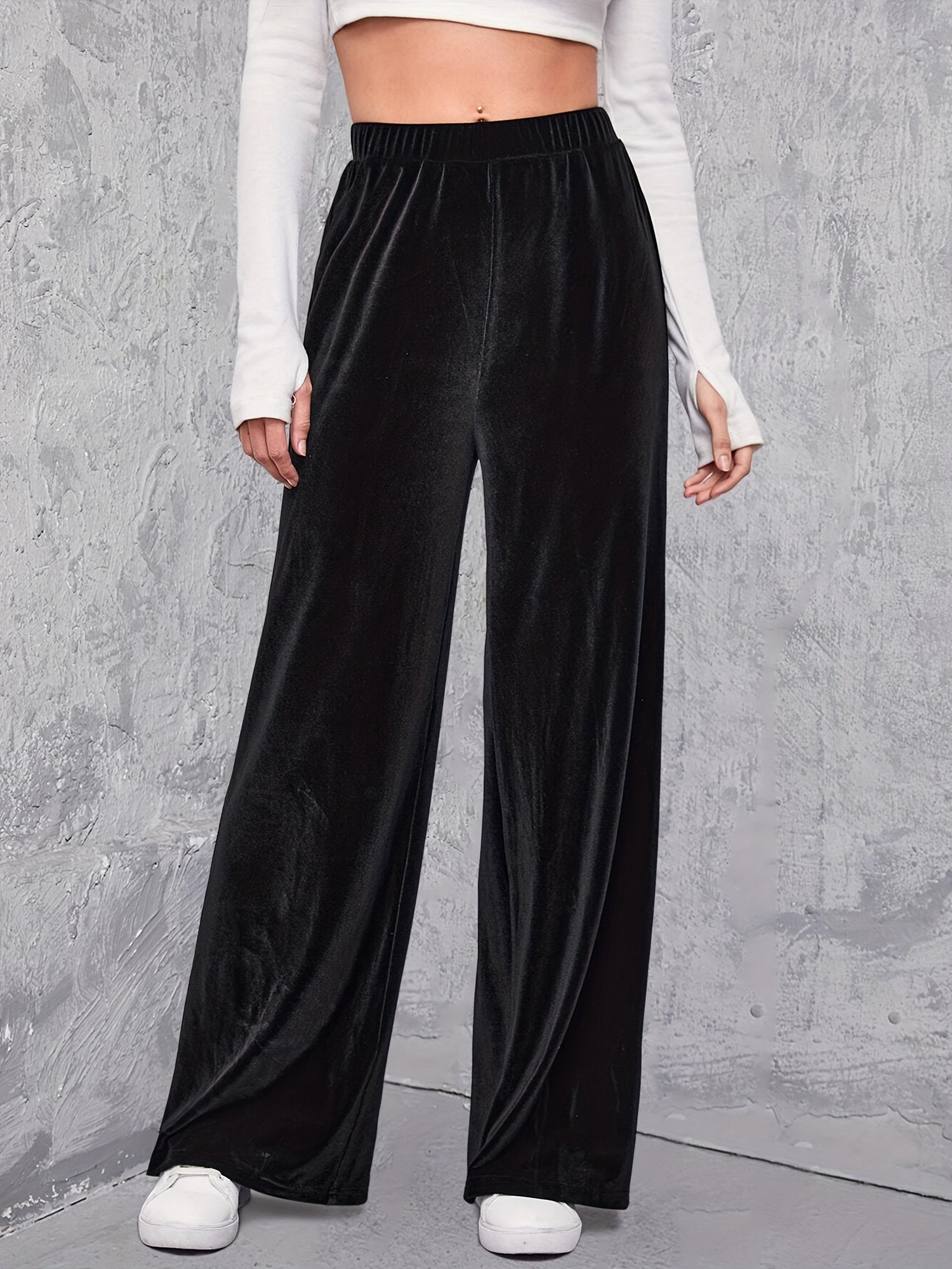 Velvet Wide Leg Pants Elastic Waist Spring Fall Women's Clothing