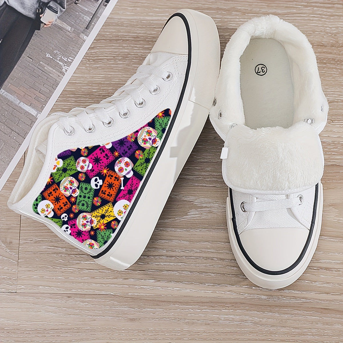 Girl's High Top Skull Pattern Skate Shoes Warm Plush Lining