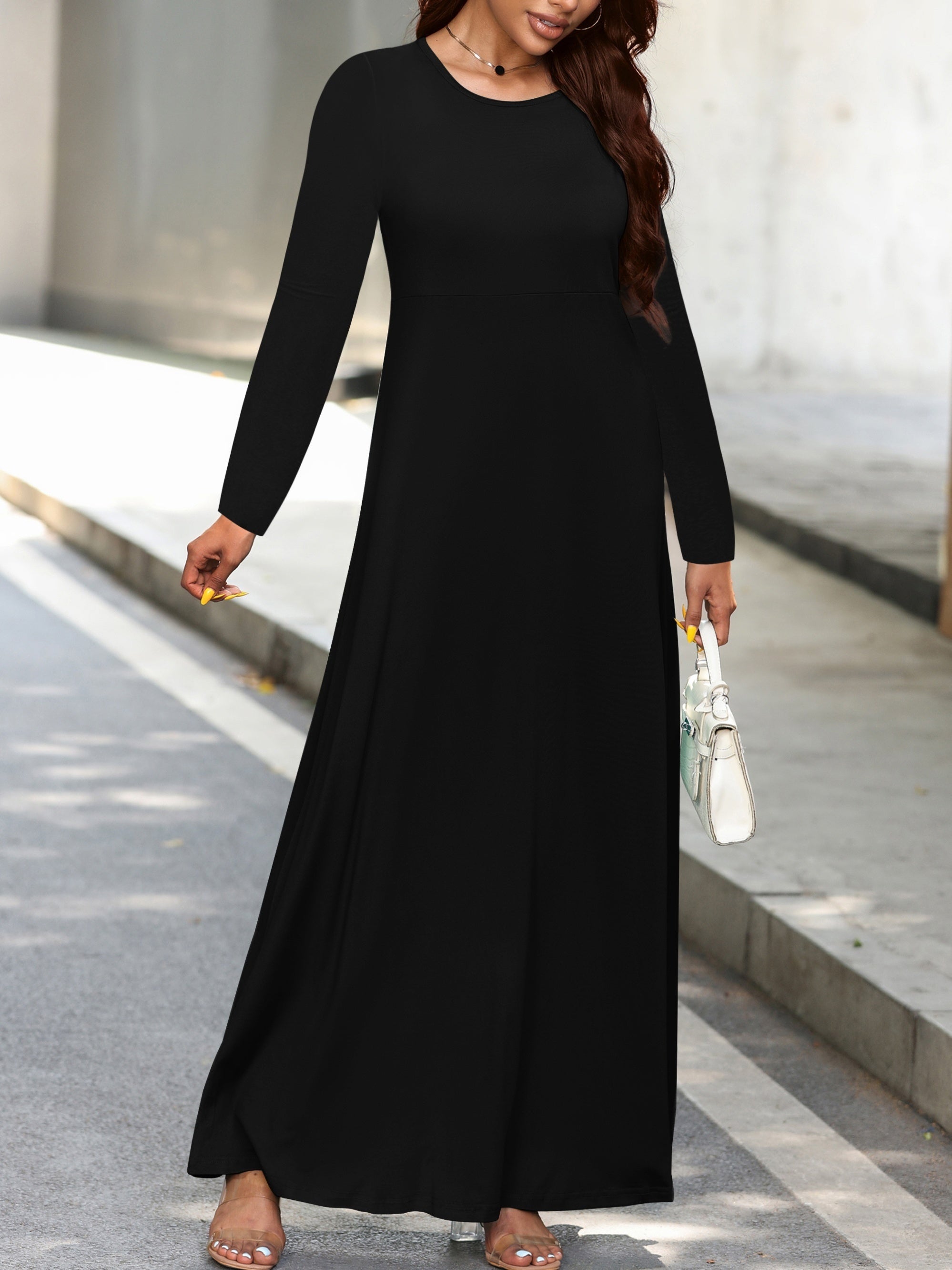 Maxi Dress Solid Long Sleeve High Stretch