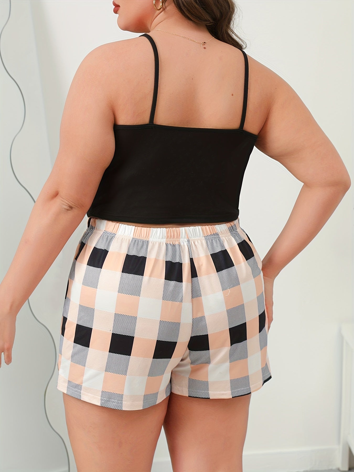 Women's Plus Letter Check Print Cami Top & Shorts Loungewear Set