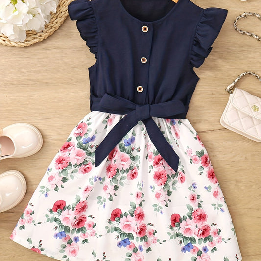 Toddler Girls Ruffled Sleeve Floral Princess Dress for Party Beach Vacation