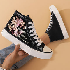 Women's Butterfly & Letter Print Canvas High Top Sneakers Lace Up Outdoor Shoes