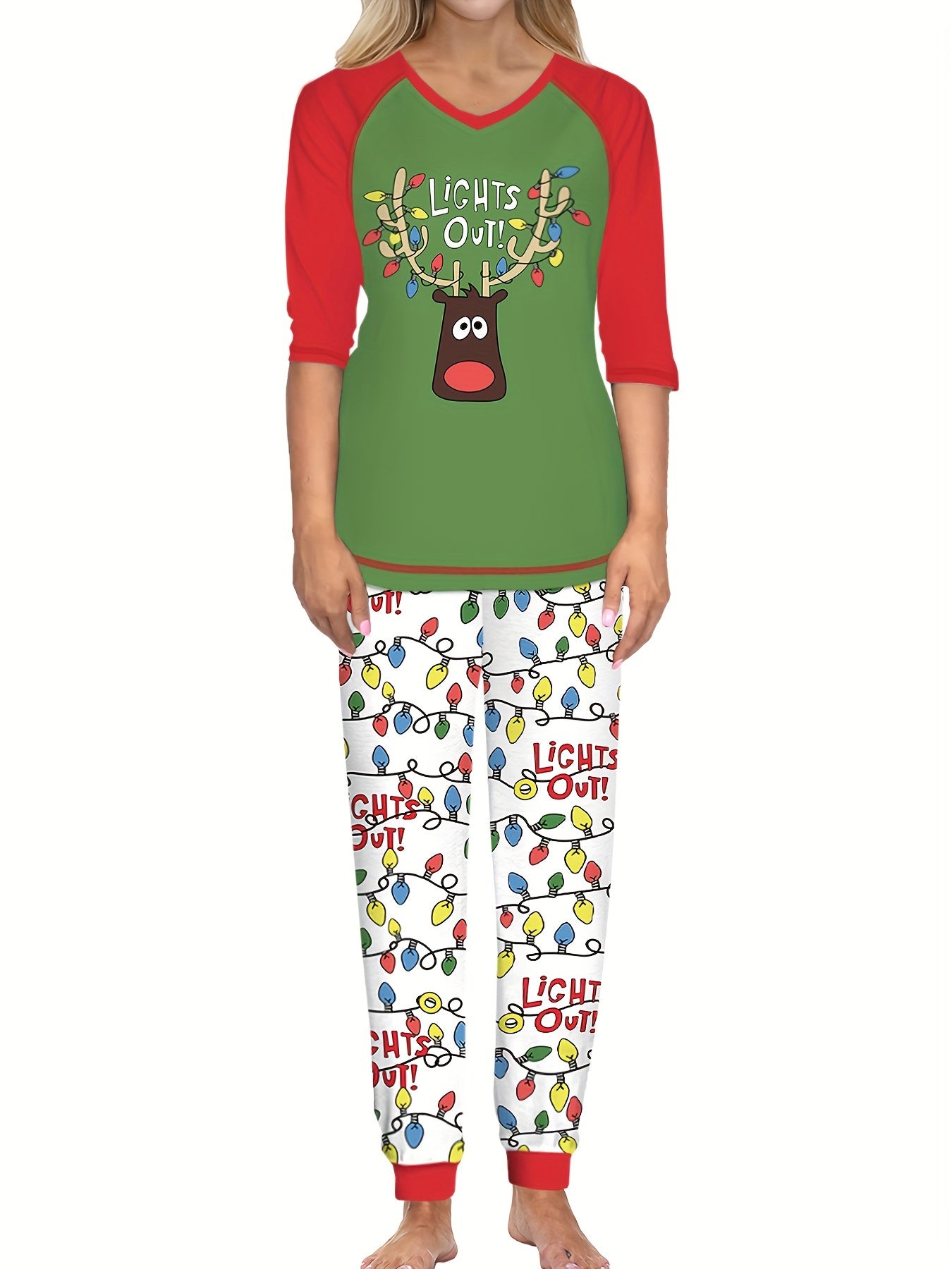 Christmas Cartoon Cat Print Lounge Set Long Sleeve Top & Pants Women's Pajamas