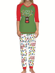 Christmas Cartoon Cat Print Lounge Set Long Sleeve Top & Pants Women's Pajamas