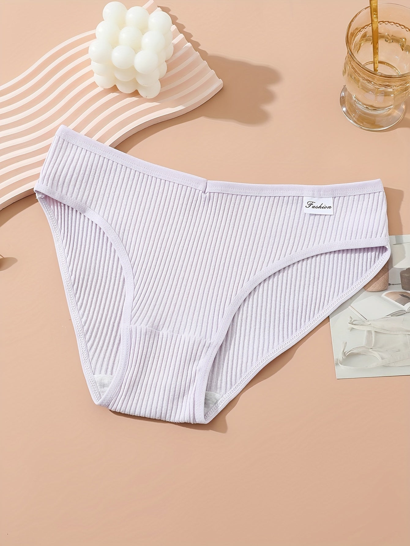 5pcs Solid Ribbed Briefs Comfy Panties Women's Lingerie