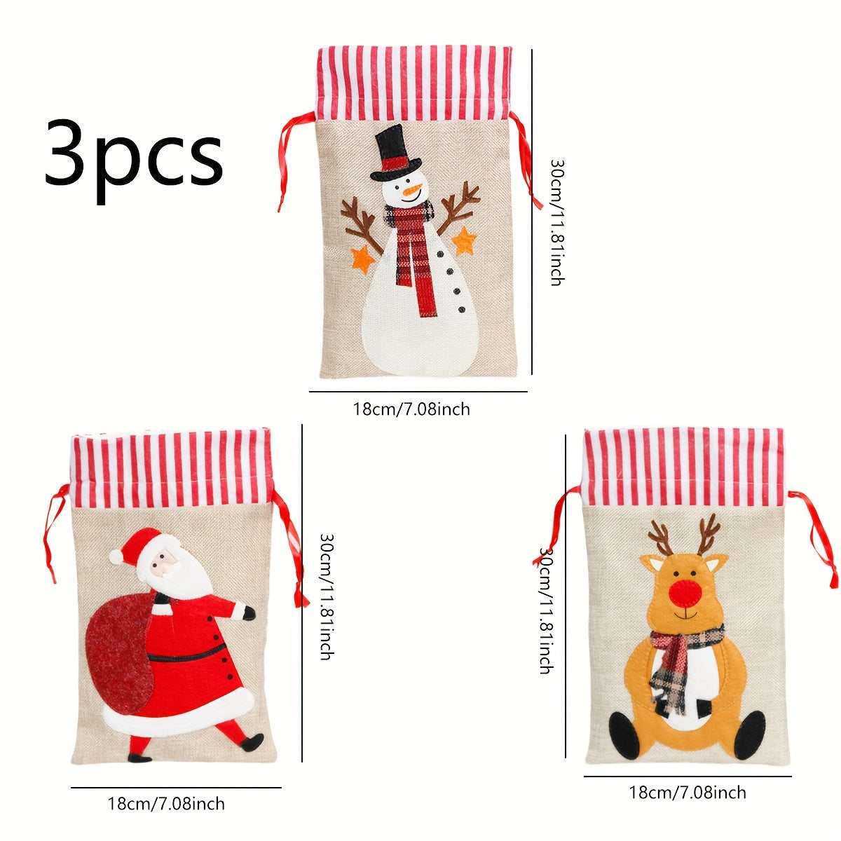 3pcs Christmas Candy Bag Bundle - Santa Claus Reindeer Snowman Print