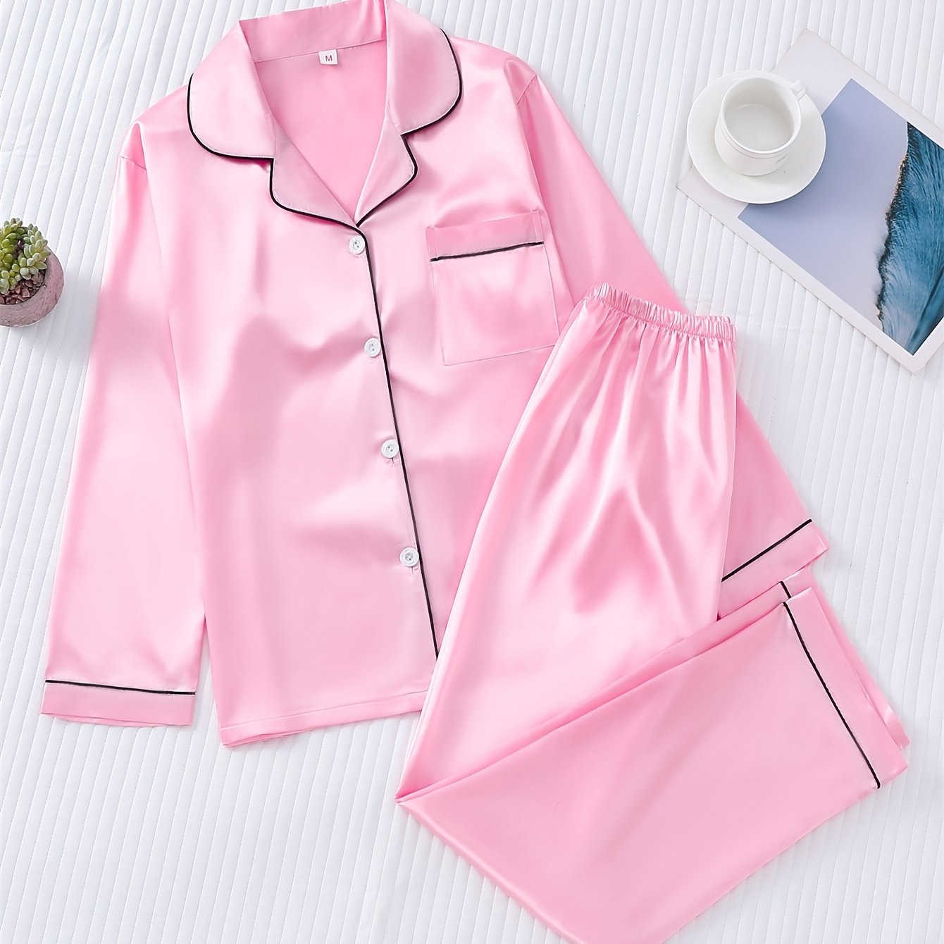 Satin Pajama Set Long Sleeve Top & Pants Women's Sleepwear
