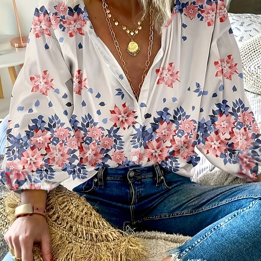 Boho Blouse Women's Floral Print Button Up Lantern Sleeve Top