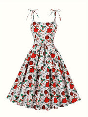 Christmas Dress Women's Plus Allover Print Tie Shoulder Round Neck Kno