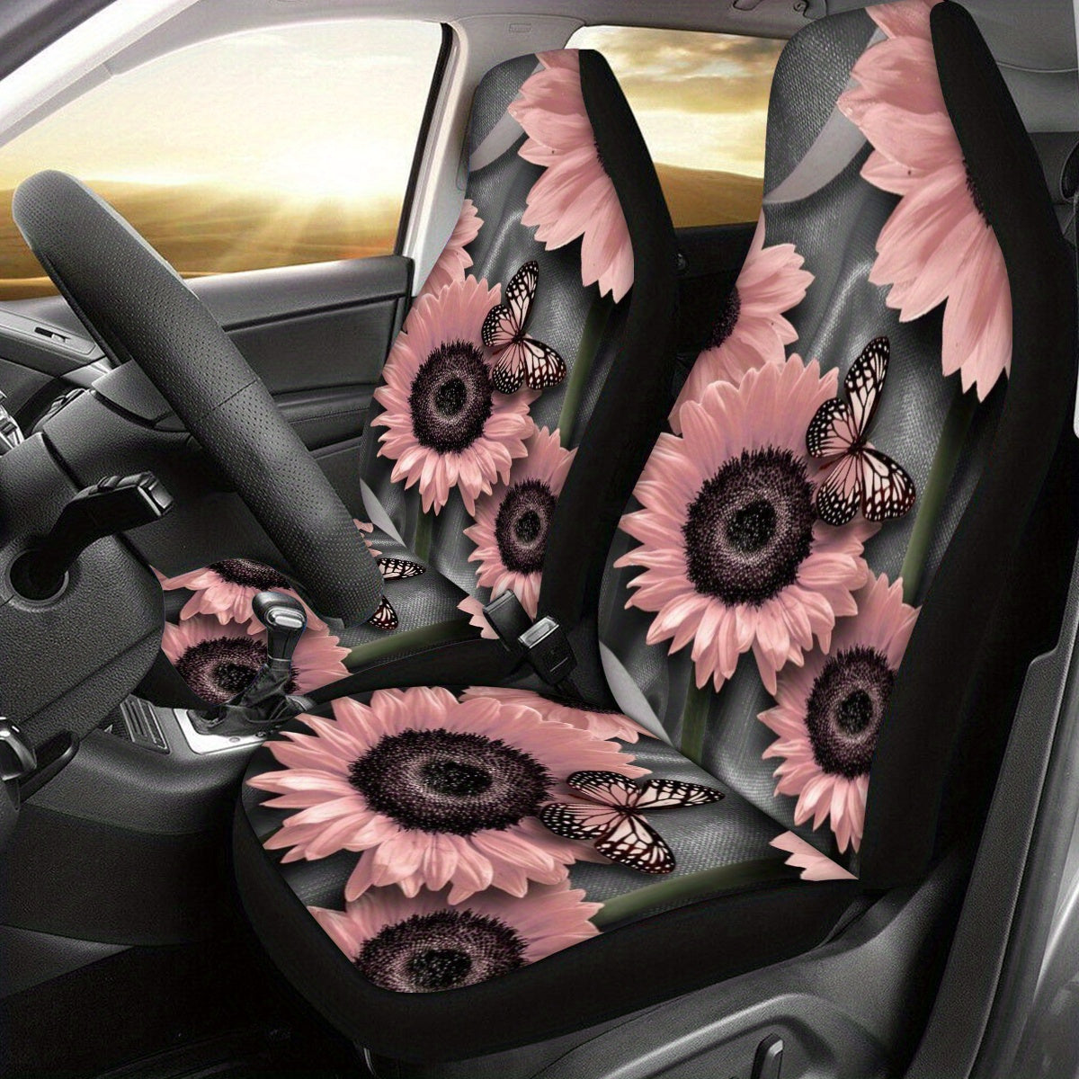 Pink Sunflower Butterfly Print Car Seat Cover