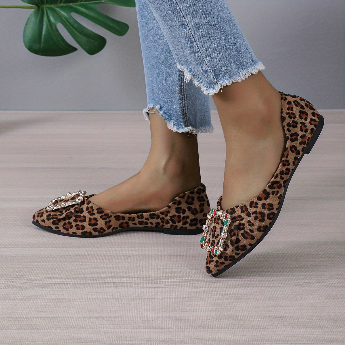 Women's Rhinestone Point Toe Slip On Leopard Print Flats