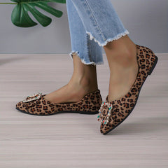 Women's Rhinestone Point Toe Slip On Leopard Print Flats
