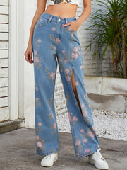 Front Split Pink Floral Print High Rise Denim Pants
