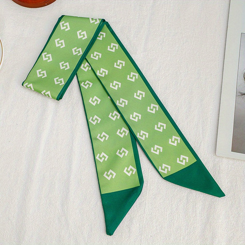 Green Geometric Print Skinny Satin Twilly Scarf Hair Ribbon Neckerchief