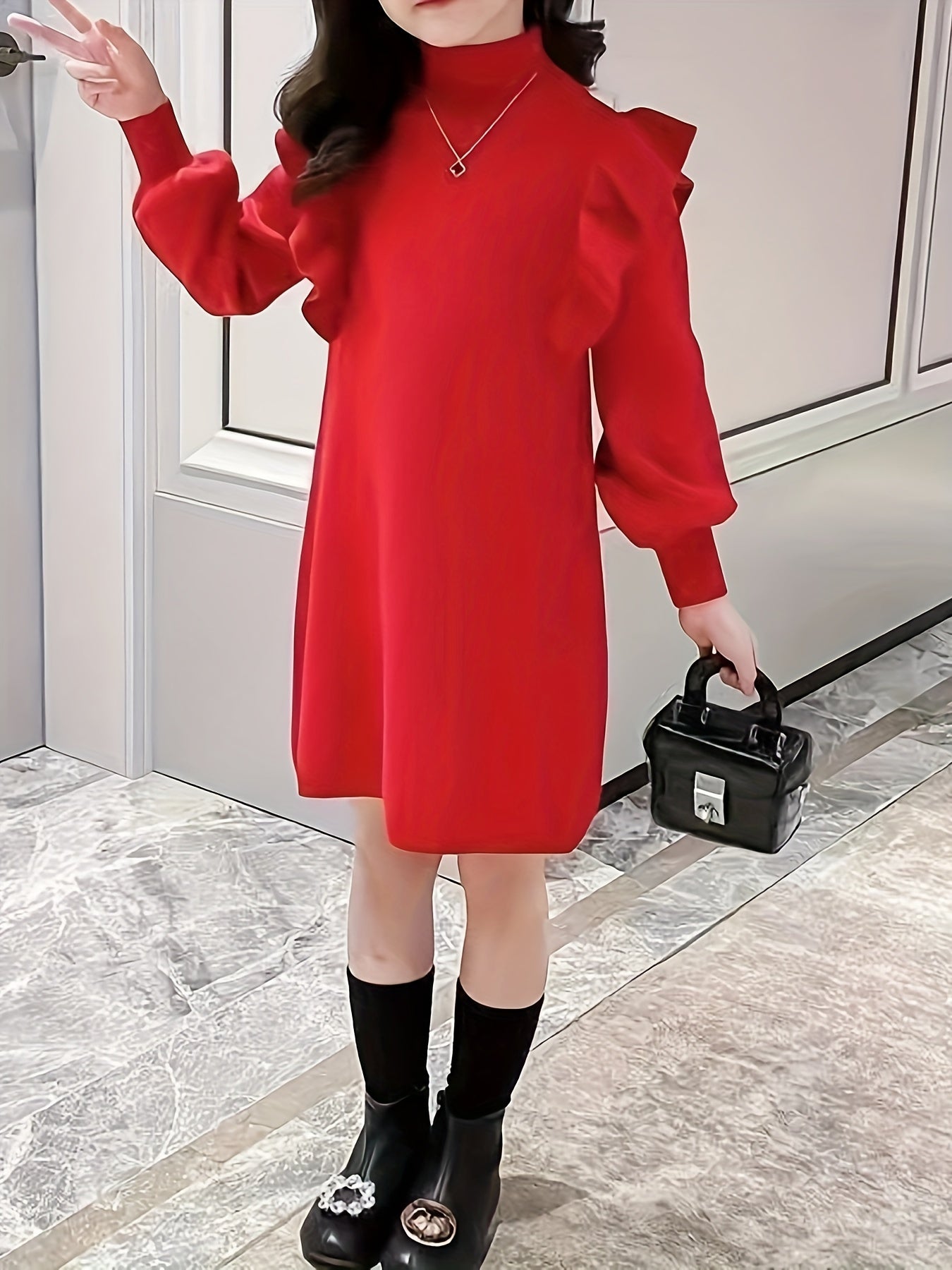 Girl's Sweater Knit Dress Ruffle Long Sleeve Warm Casual Dress