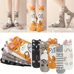 Girls Cartoon Graffiti Cats Pattern Crew Socks Pack of 5