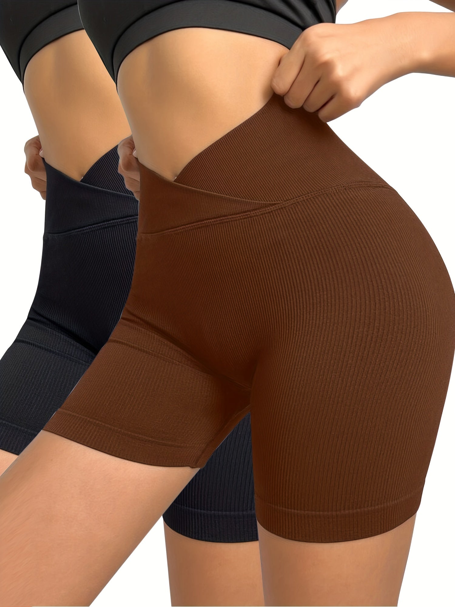 Women's High Waisted Cross Waist Ribbed Sports Yoga Shorts