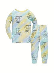 Boys 2pcs Pajamas Bear Print Long Sleeve Top & Pants Set