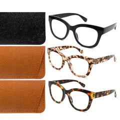 3 Pairs Reading Glasses Anti Light Reader Spring Hinge Retro + 3 Felt Pack
