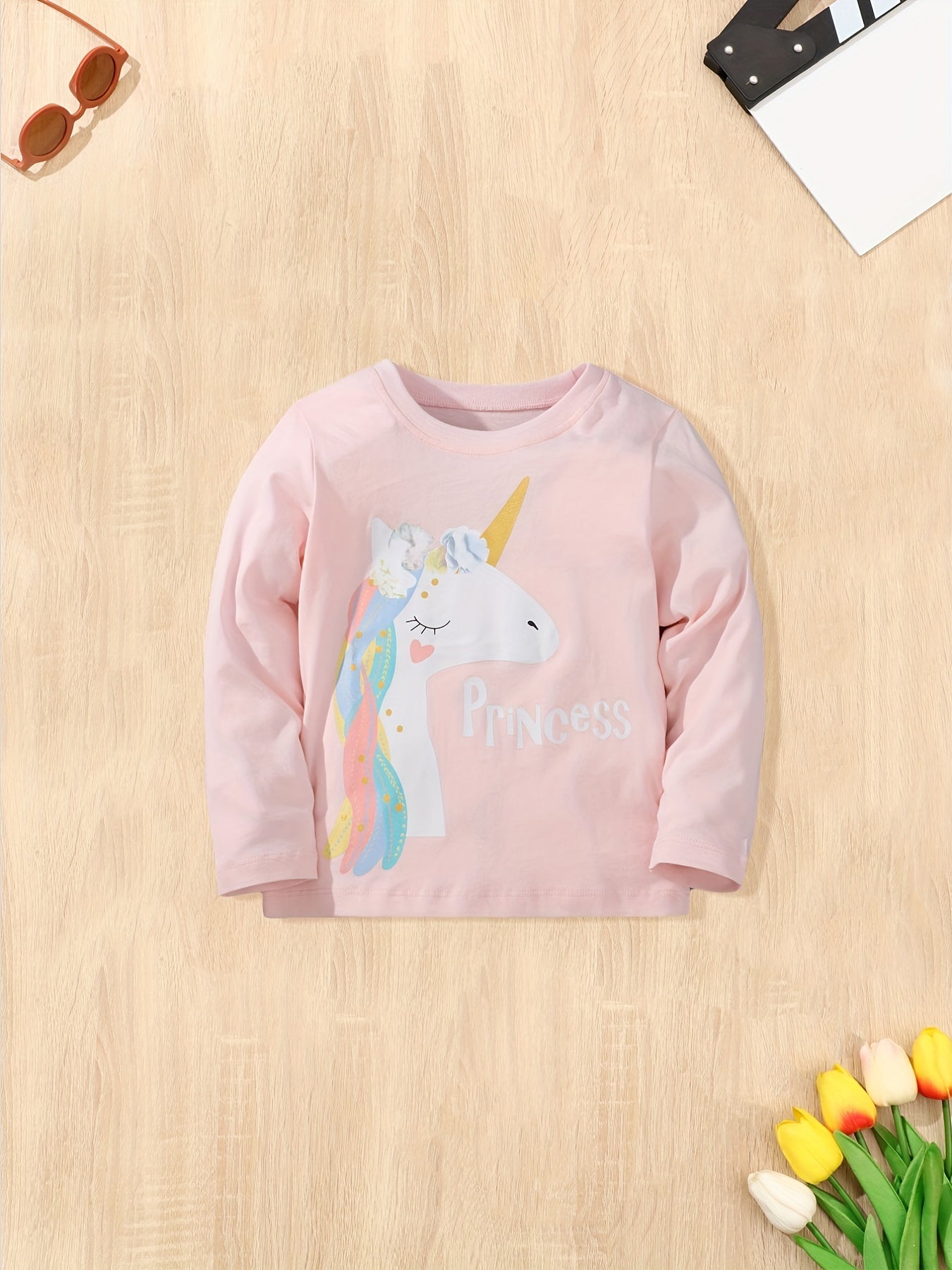Girls Princess & Unicorn Print T-shirt Comfy Cotton Tops For Sports