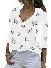Butterfly Print Button Up Long Sleeve Blouse