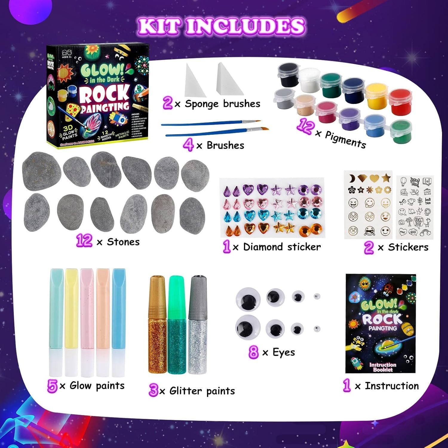 49PCS Glow Rock Painting Kit DIY Arts and Crafts Toys for Kids 6-12