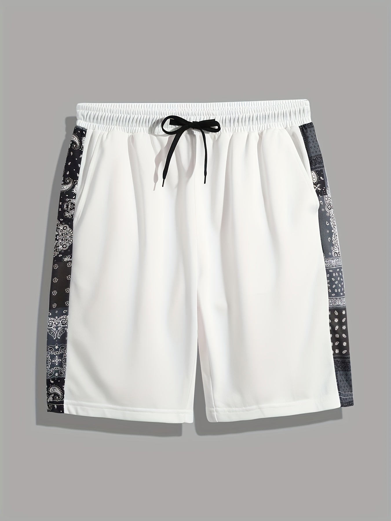 Men's Paisley Stripe Shorts Casual Solid Elastic Drawstring Shorts