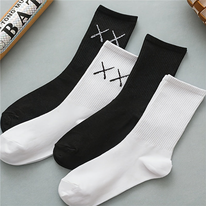 4-Pair Geometric Pattern Mid Tube Socks for Women