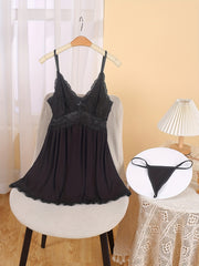 Sexy Contrast Lace Slip Dress Deep V Backless Babydoll Women's Lingerie