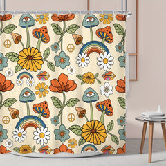 Boho Mushroom Shower Curtain Retro Flowers Bathroom Decor Yellow Orange Floral