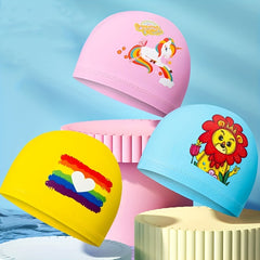 Kids PU Waterproof Swim Cap, Cartoon Pattern Ear Protection, High Elasticity