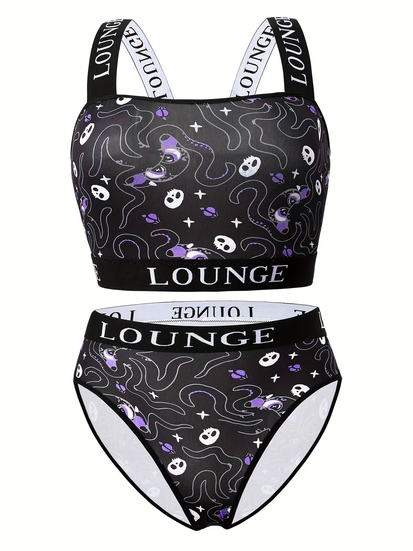 Gothic Halloween Underwear Set Octopus Skull Print Bra