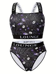 Gothic Halloween Underwear Set Octopus Skull Print Bra