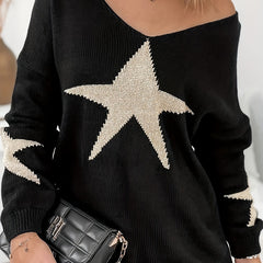 Star Print V Neck Sweater Long Sleeve Jumper