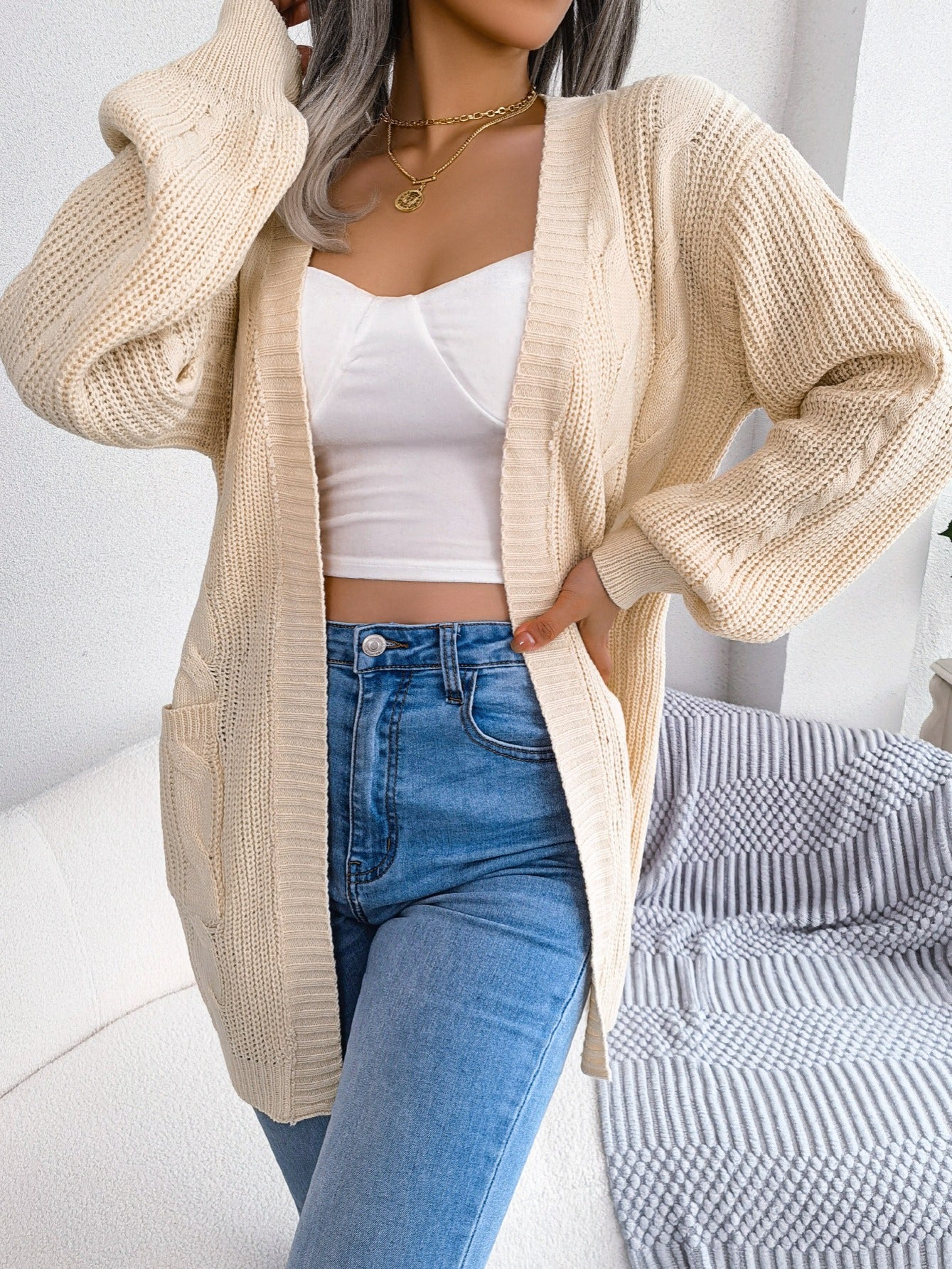 Loose Cactus Lantern Sleeve Cardigan with Pockets