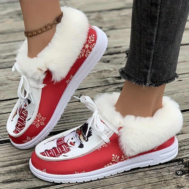 Christmas Snowman Print Plush Lined Thermal Furry Snow Boots