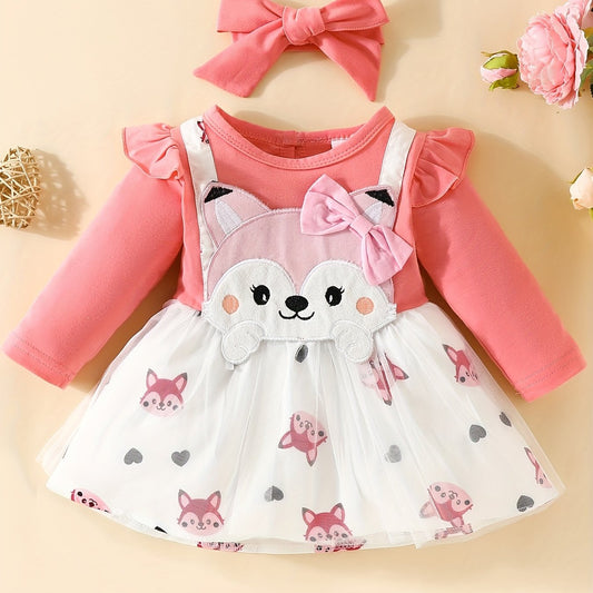 2pcs Baby Girls Fox Graphic Long Sleeve Dress & Headband Bundle