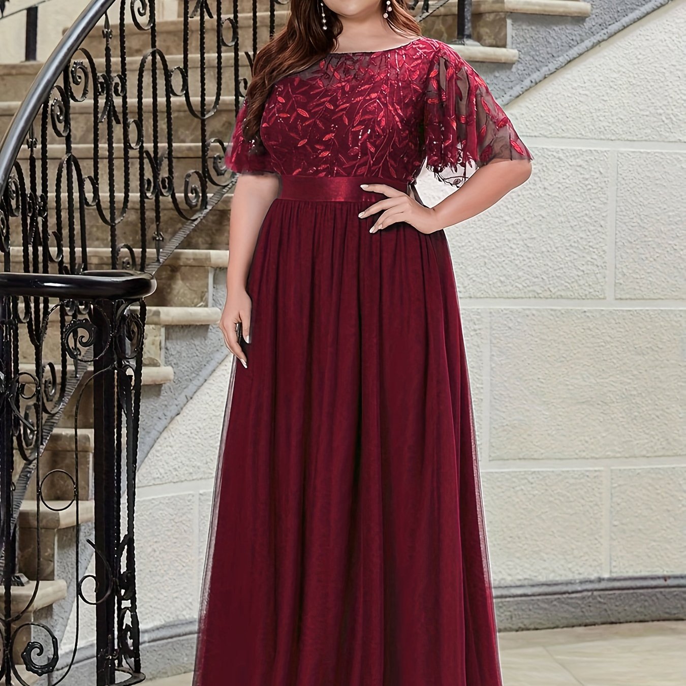 Glitter Sequin Butterfly Sleeve Party Formal Dress