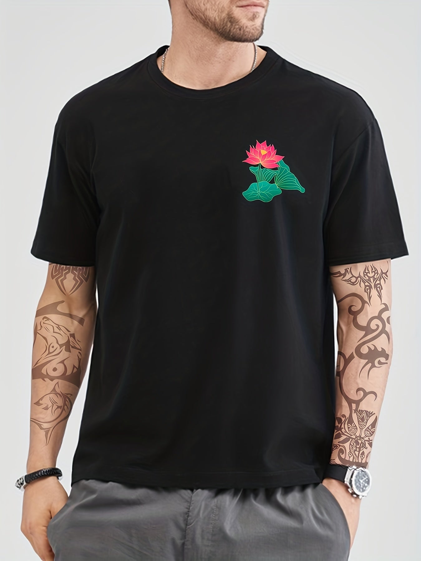 Lotus Flower Print Men's Crew Neck Tshirt Casual Comfy Tees For Summer