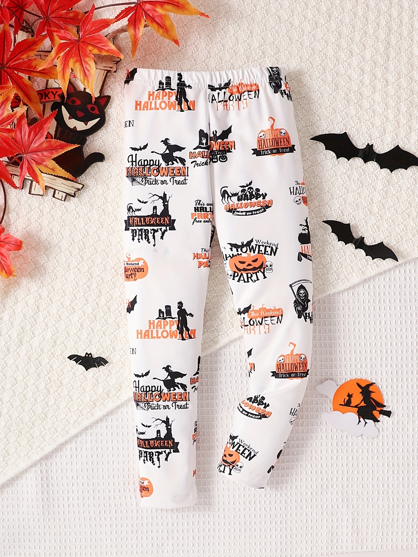 Girls Halloween Ghost Print Legging Pants, Ankle Length