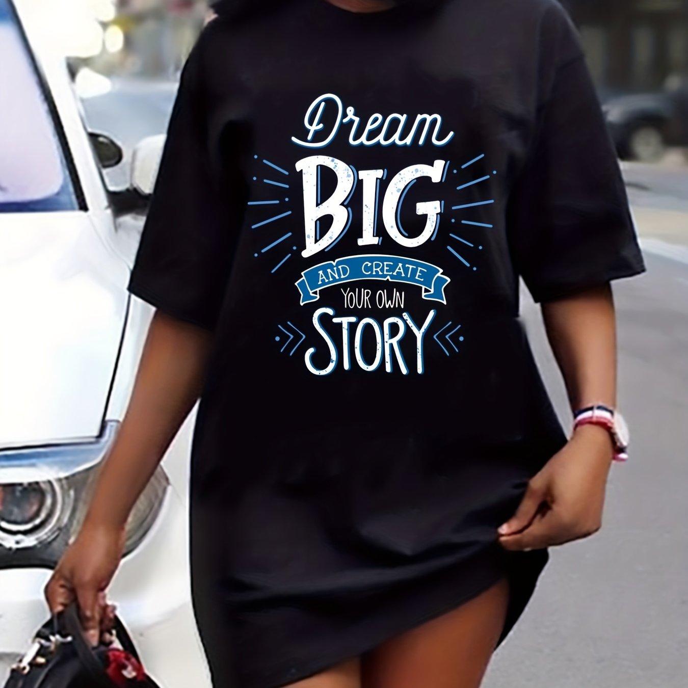 Casual Dress Women's Plus Letter Print Short Sleeve Tee Dress