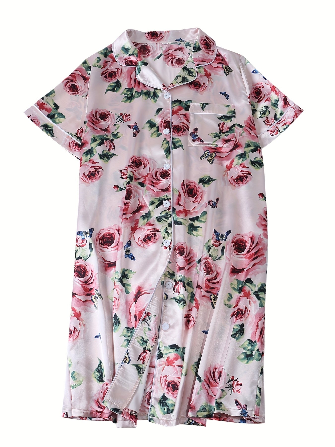 Satin Rose Print Nightshirt with Pocket