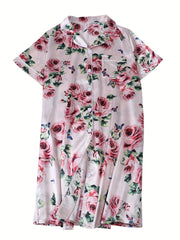 Satin Rose Print Nightshirt with Pocket