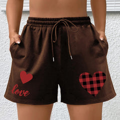 Gingham Heart & Letter Print Sports Shorts with Pockets