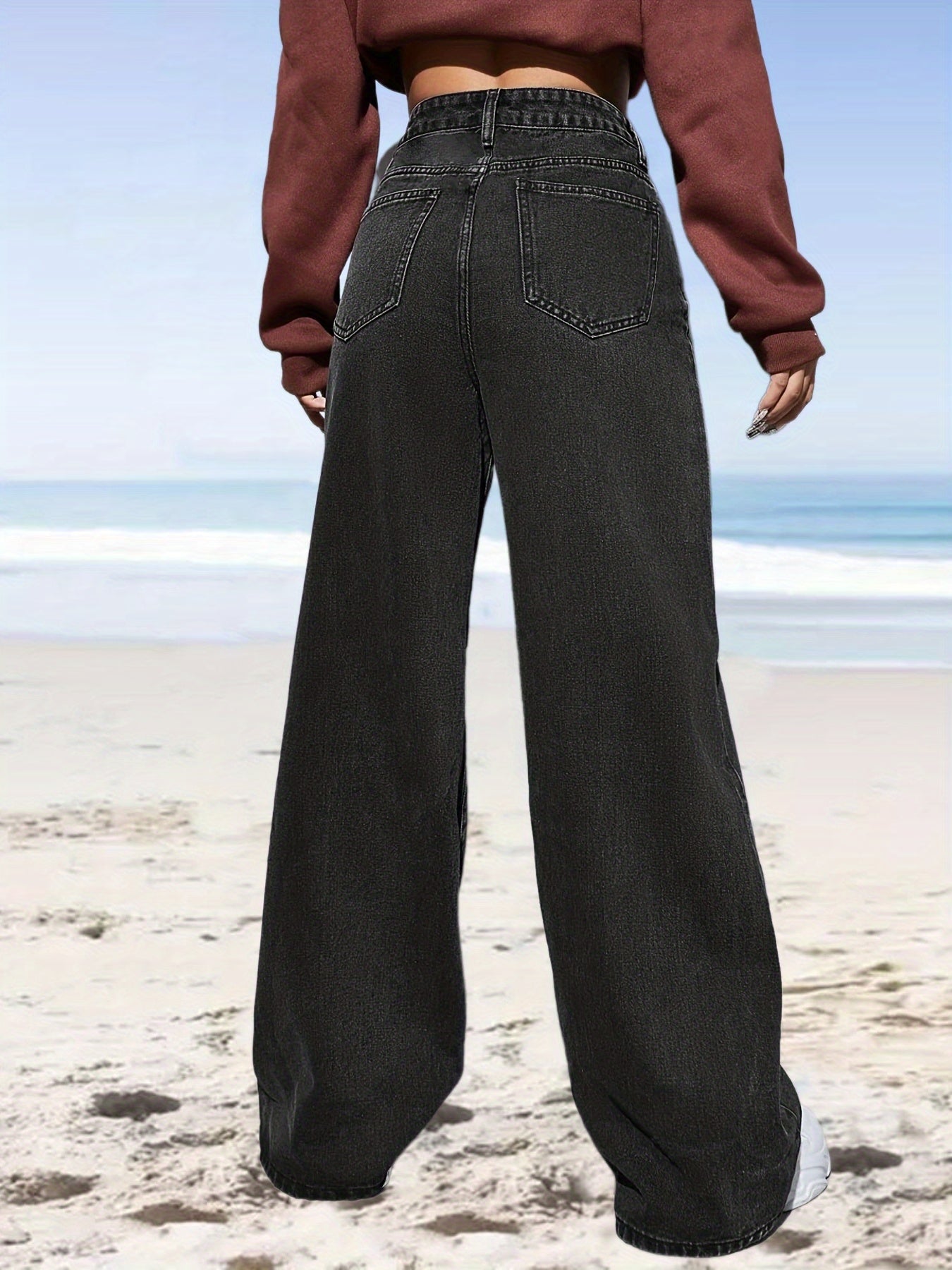 High Waist Straight Jeans Slash Pockets Loose Fit