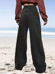High Waist Straight Jeans Slash Pockets Loose Fit
