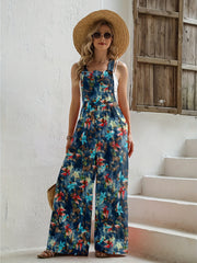Floral Print Overall Wide Leg Jumpsuit Casual Button Overall Jumpsuit