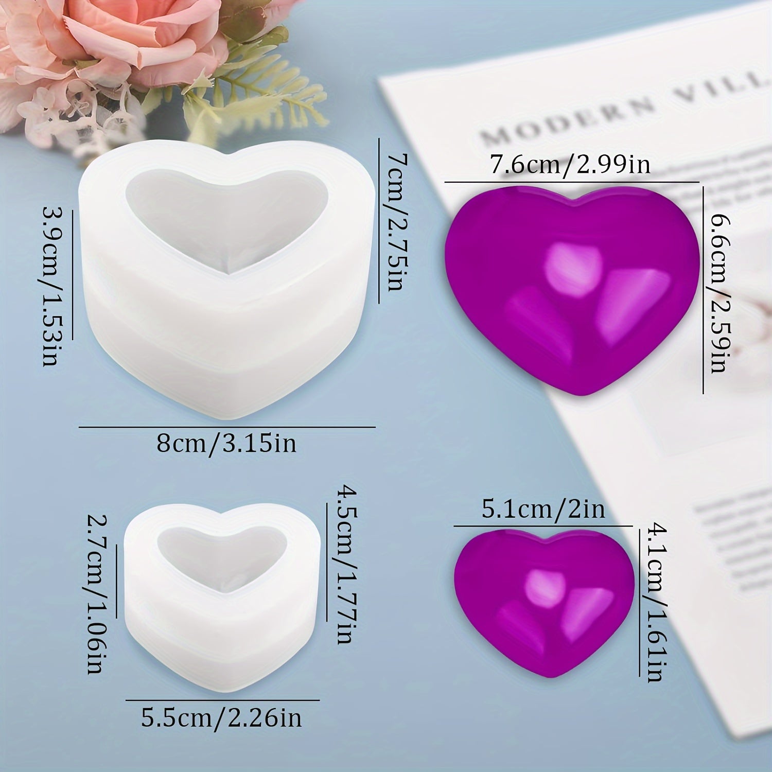 2pcs Heart Shape Silicone Moulds For DIY Resin Craft Soap Candle Pendants