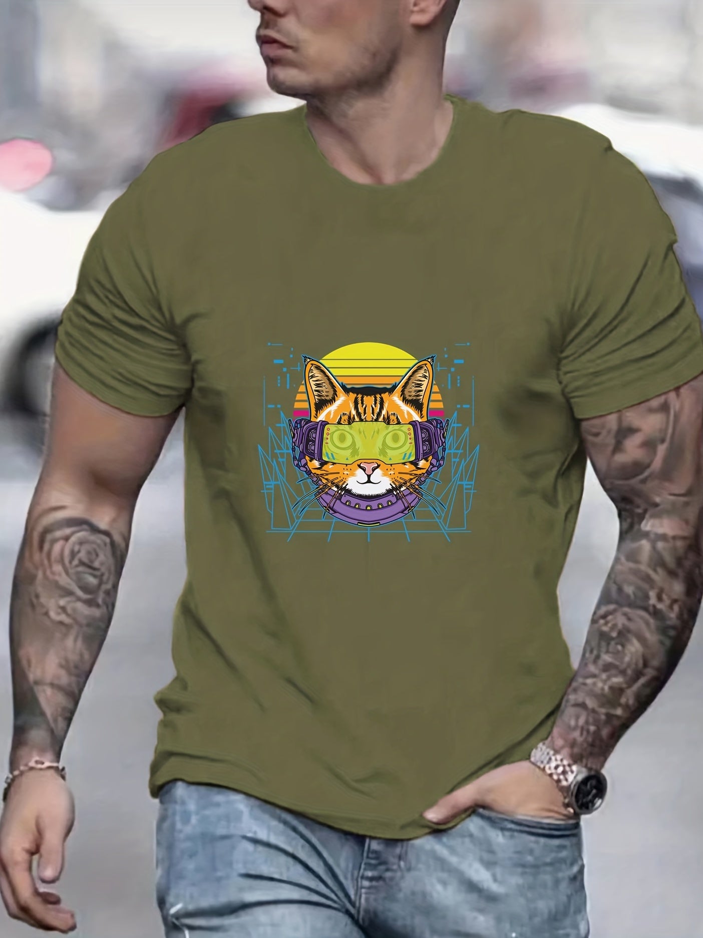 Cyberpunk Cat Print Men's Graphic T-shirt Casual Comfy Tees for Summer